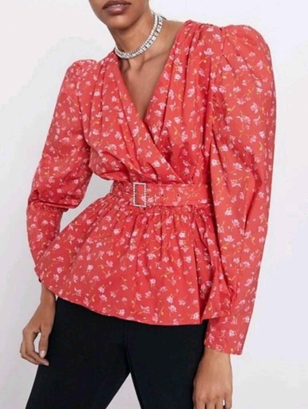 Zara Red Boho Cottagecore Puffed Sleeve Floral Blouse Rhinestone Buckle Size XS